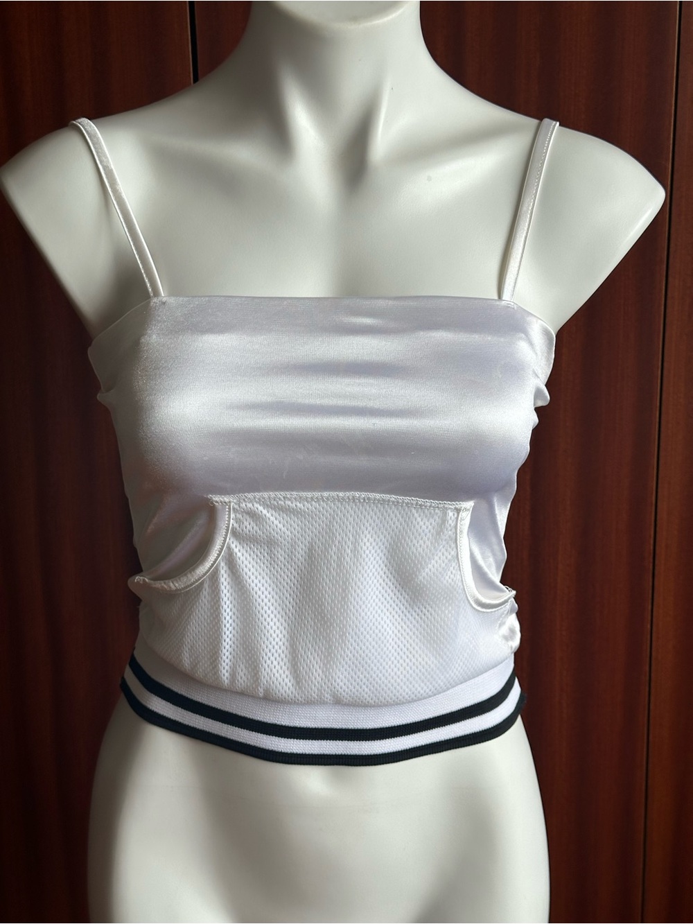SHARAGANO Paris White satin crop top with black and white striped waistband s S